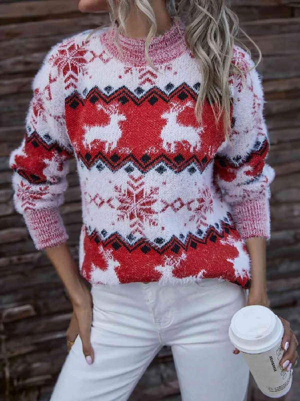Hazel Blues® |  Reindeer & Snowflake Round Neck Sweater Spandex Rayon Corduroy