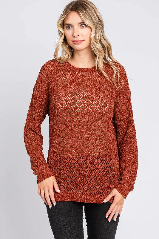 Rust Chenille Open Knit Sweater Front Pockets Side Pockets Patch Pockets
