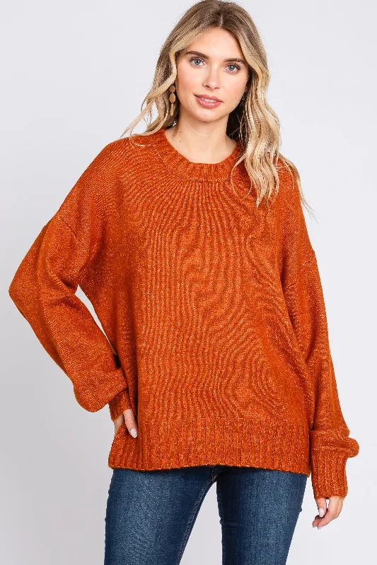 Rust Ribbed Cuff Sweater High Neck Crew Neck V-Neck