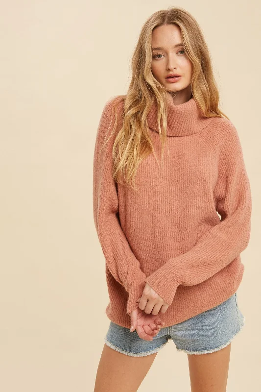 Rust Ribbed Turtleneck Sweater Glossy Satin Silk