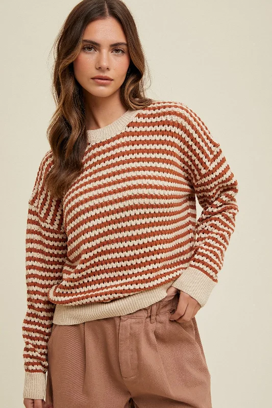 Rust Striped Crochet Knit Sweater Plaid Sweater Polka Dot Checkered