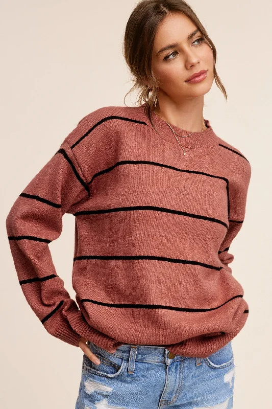 Rust Striped Mock Neck Sweater Boxy Sweater Fitted Sweater A-Line