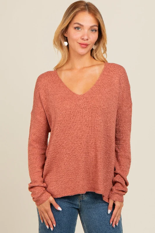 Rust V-Neck Basic Sweater Layered Multi-layer Single Layer