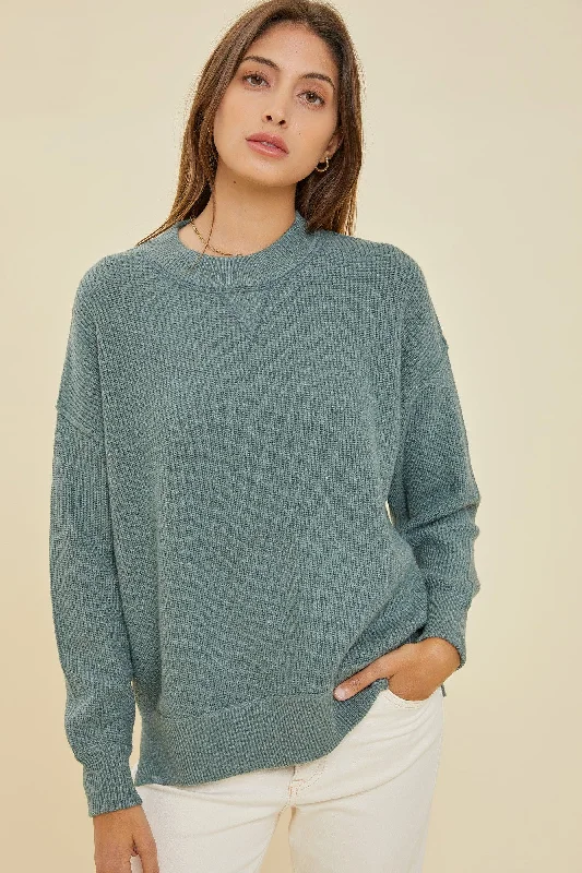 Sage Knit Side Slit Sweater Slim Fit Regular Fit Oversized