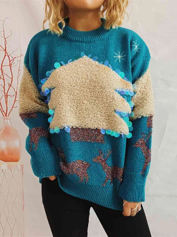 Hazel Blues® | Sequin Christmas Tree & Reindeer Round Neck Sweater Knit Fabric Woven Fabric Fleece Fabric Hazel Blues® | Sequin Christmas Tree & Reindeer Round Neck Sweater Knit Fabric Woven Fabric Fleece Fabric
