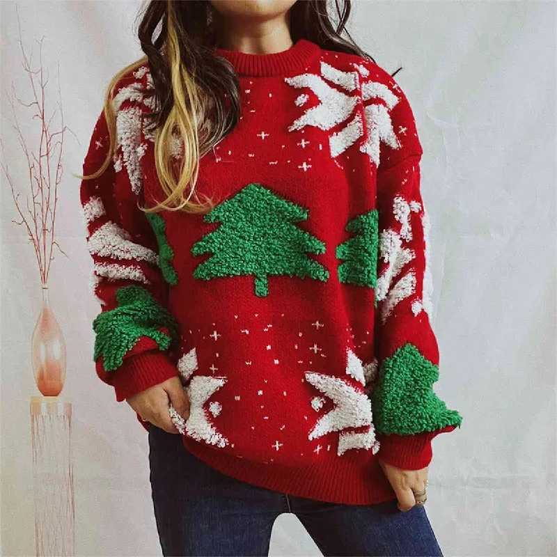 Hazel Blues® |  Snowflake Round Neck Long Sleeve Sweater Ribbed Striped Patterned