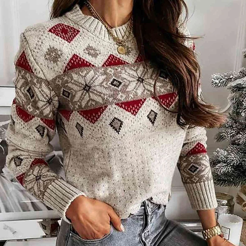 Hazel Blues® |  Snowflake Round Neck Sweater Zippered Buttoned Snapped