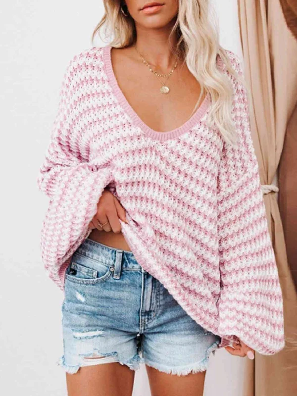 Hazel Blues® | Striped Drop Shoulder V-Neck Sweater Front Pockets Side Pockets Patch Pockets Hazel Blues® | Striped Drop Shoulder V-Neck Sweater Front Pockets Side Pockets Patch Pockets