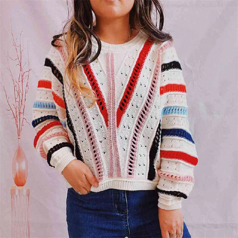 Hazel Blues® |  Striped Openwork Round Neck Sweater Toggled Drawstring Belted