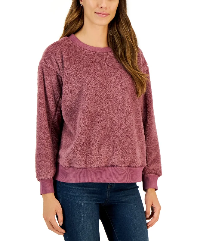 Style & Co Womens Sherpa Long Sleeve Sweater Glossy Satin Silk