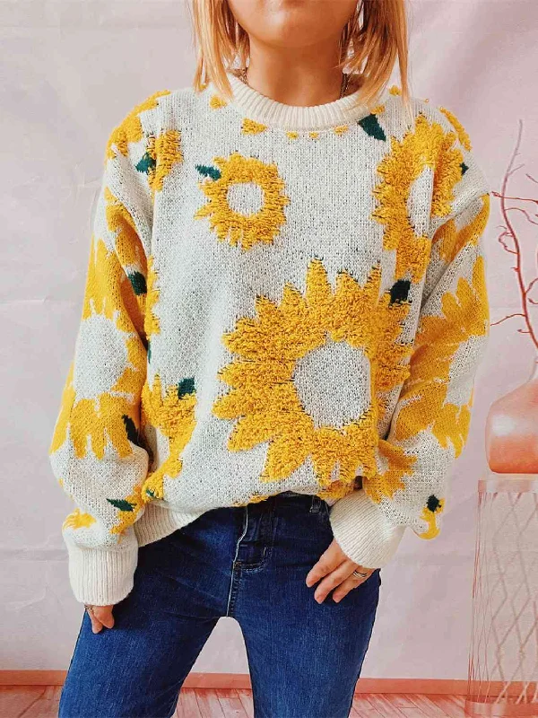 Hazel Blues® |  Sunflower Dropped Shoulder Long Sleeve Sweater Cashmere Blend Cotton Blend Poly Blend