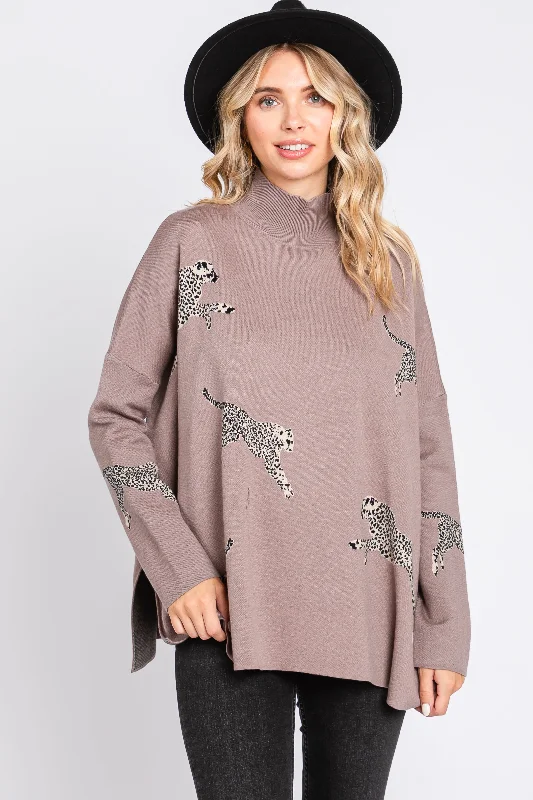 Taupe Animal Print Side Slit Sweater Machine Wash Dry Clean Hand Wash