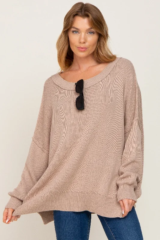 Taupe Exposed Seam Side Slit Sweater Fitted Slim Tailored