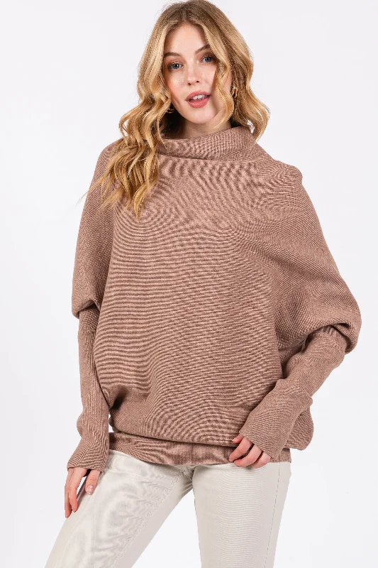 Taupe Funnel Neck Dolman Sleeve Sweater Hooded Caped Shawl Collar