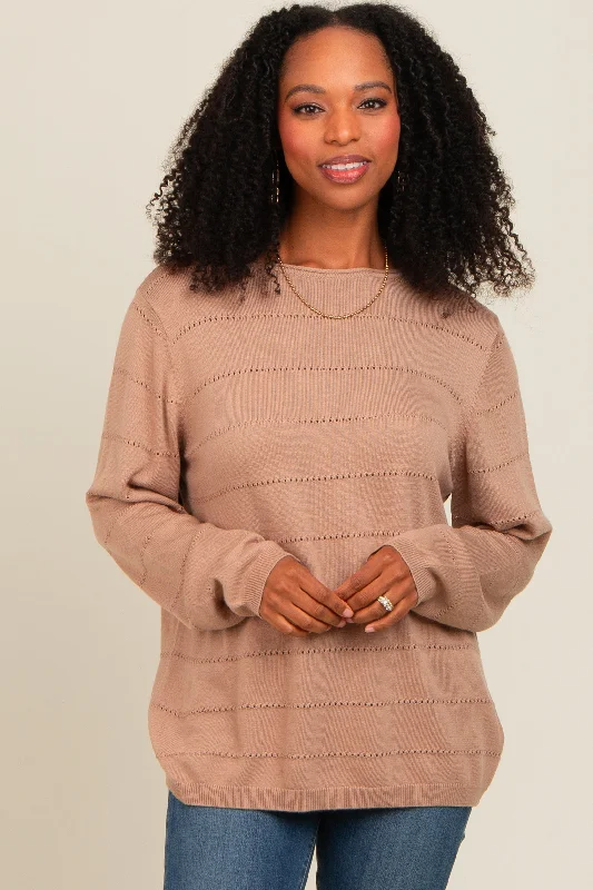 Taupe Knit Stitch Detail Long Sleeve Sweater Top Beaded Sweater Sequined Faux Fur
