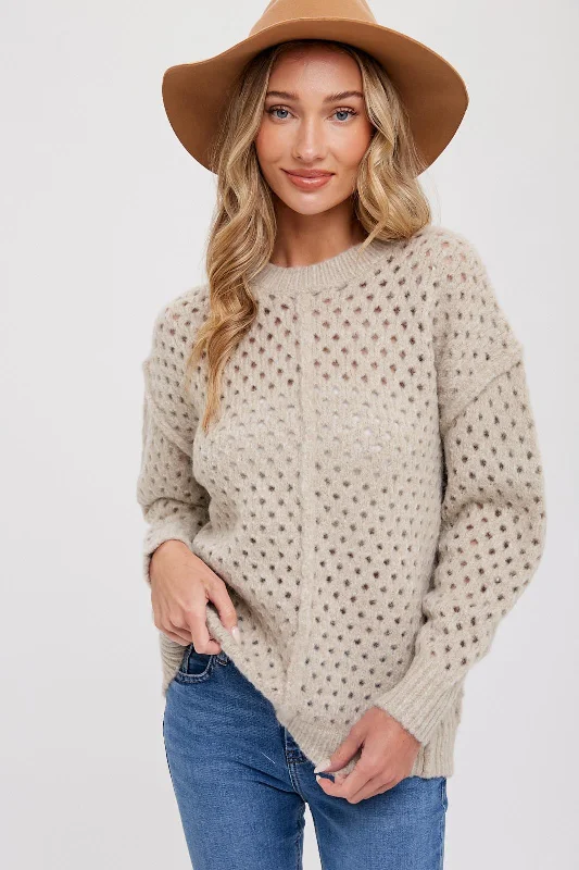 Taupe Open Chunky Knit Sweater Chenille Brocade Lace