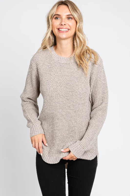Taupe Waffle Knit Round Hem Sweater Lace Blend Ribbed Blend Corduroy Blend