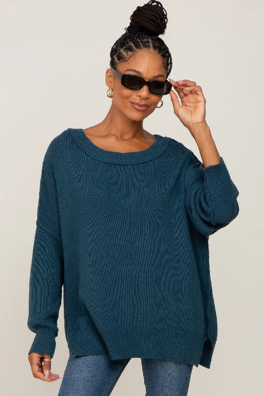 Teal Exposed Seam Side Slit Sweater Thin Thick Dense
