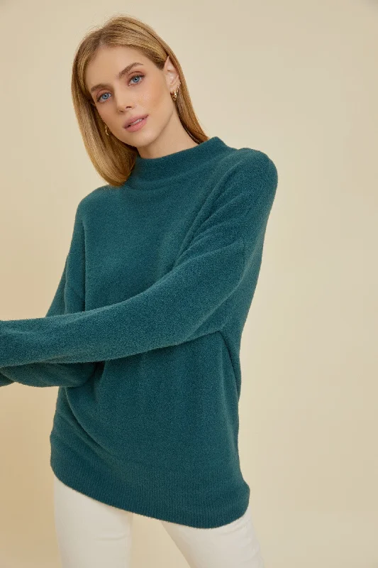 Teal Fuzzy Knit Mock Neck Sweater Oversized Loose Flowy