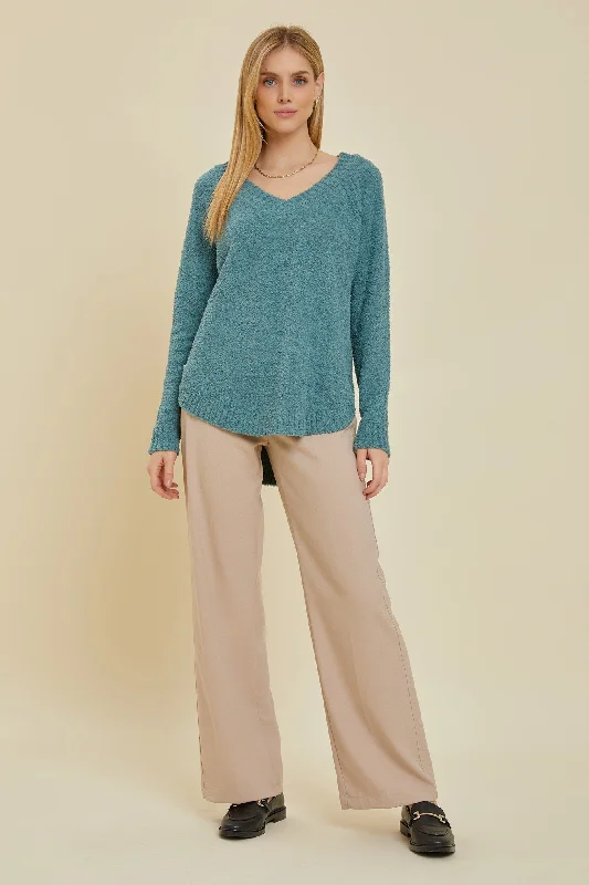 Teal Fuzzy Soft Knit Sweater Welt Pockets Slit Pockets Flap Pockets