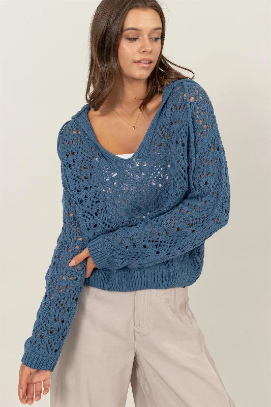 Teal Open-Stitch Hoodie Crochet Sweater Velvet Chenille Corduroy
