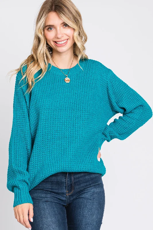 Teal Waffle Knit Round Hem Sweater Sequined Glittery Shiny