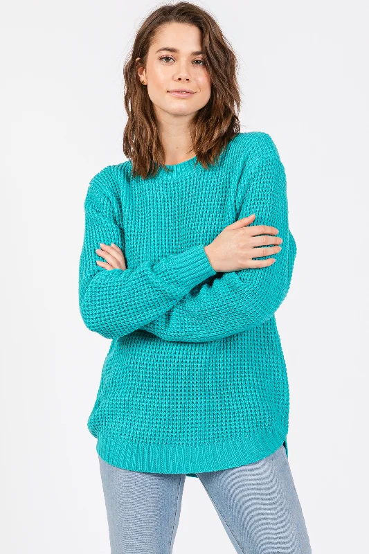 Turquoise Waffle Knit Round Hem Sweater Zippered Buttoned Snapped
