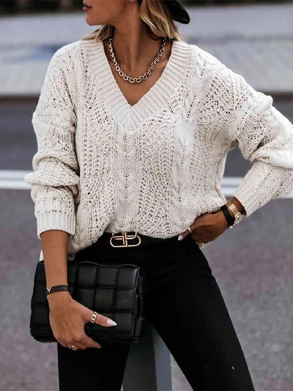 Hazel Blues® |  V-Neck Cable-Knit Long Sleeve Sweater Iron Safe Non-Iron Wrinkle Free