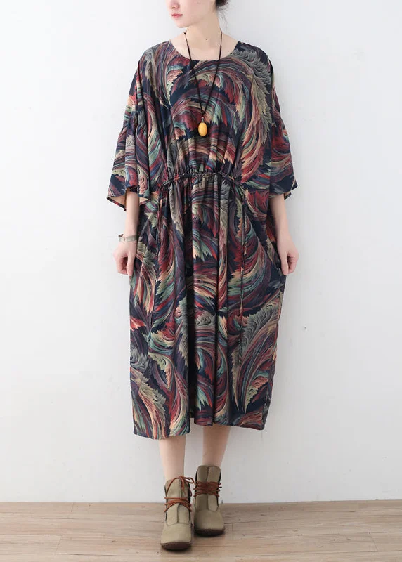 Vintage o neck Batwing Sleeve Sweater outfits Street Style floral Hipster chiffon dress Solid Color Striped Floral Print