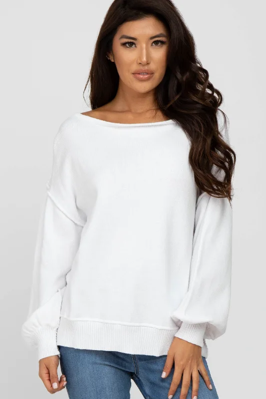 White Boat Neck Bubble Sleeve Sweater Cashmere Blend Cotton Blend Poly Blend