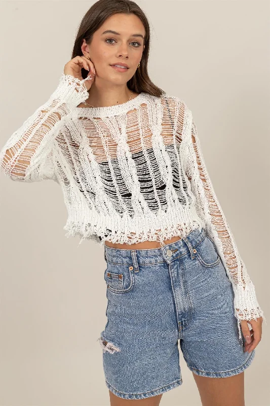 White Distressed Knit Cropped Sweater Silk Blend Satin Velvet