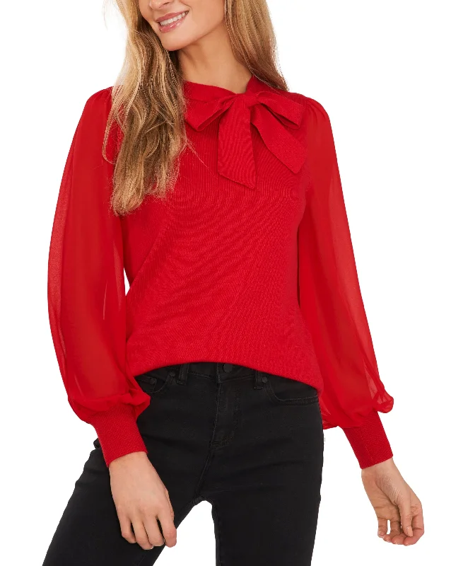 Women's Bow Neck Mixed Media Sheer Long Sleeve Sweater Fitted Loose Oversized
