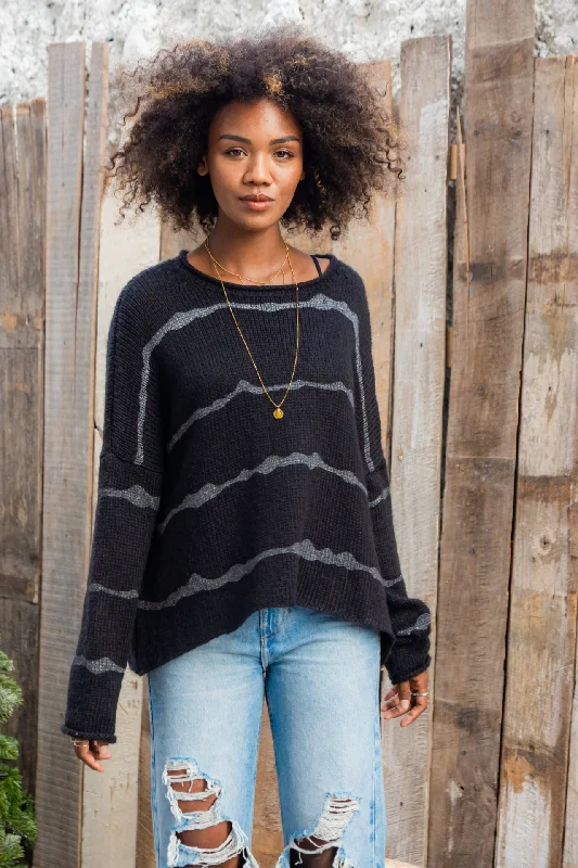 Wooden Ships Black and Silver Striped Sweater Print Jacquard Patchwork