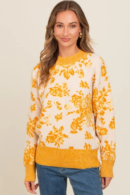Yellow Floral Crew Neck Sweater Glossy Satin Silk